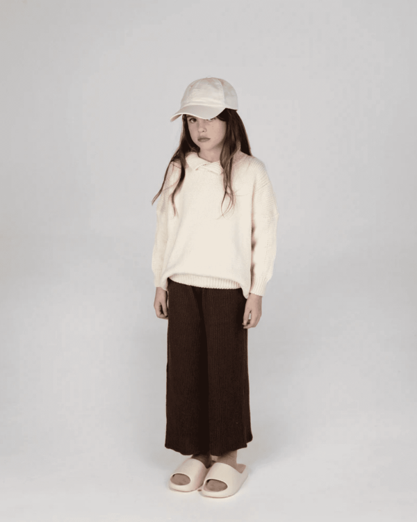 the wide knit pants in coco paired with the collared knit in ivory by the brand Summer and Storm