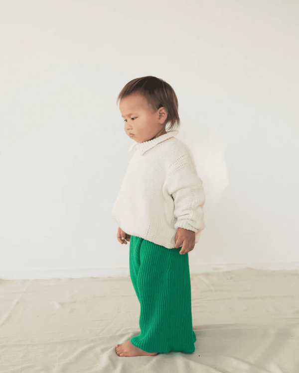 the wide knit pants in emerald paired with the collared knit in Ivory by the brand Summer and Storm