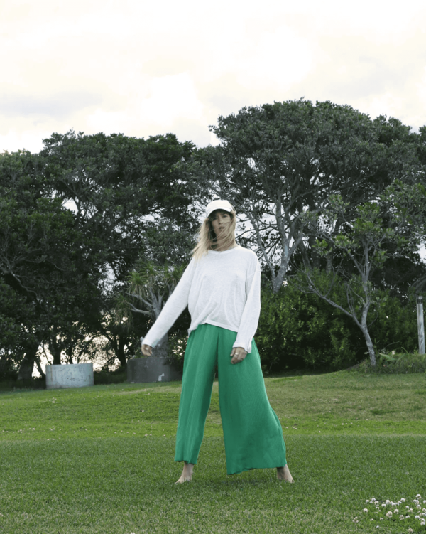 the Wide Knit Pants in Emerald by the brand Summer and Storm