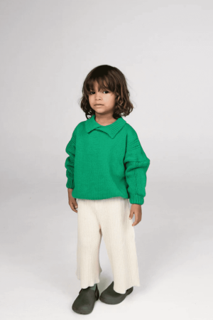 the wide knit pants in ivory paired with the collared knit in Emerald by the brand Summer and Storm