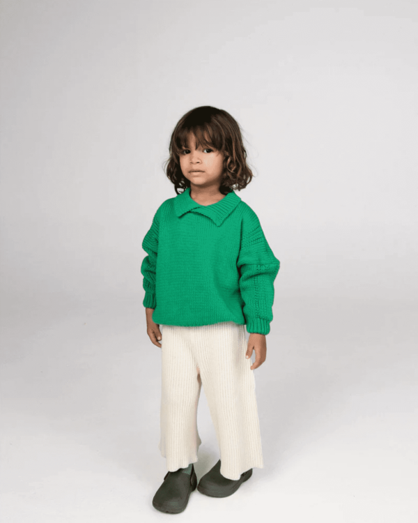 the wide knit pants in ivory paired with the collared knit in Emerald by the brand Summer and Storm