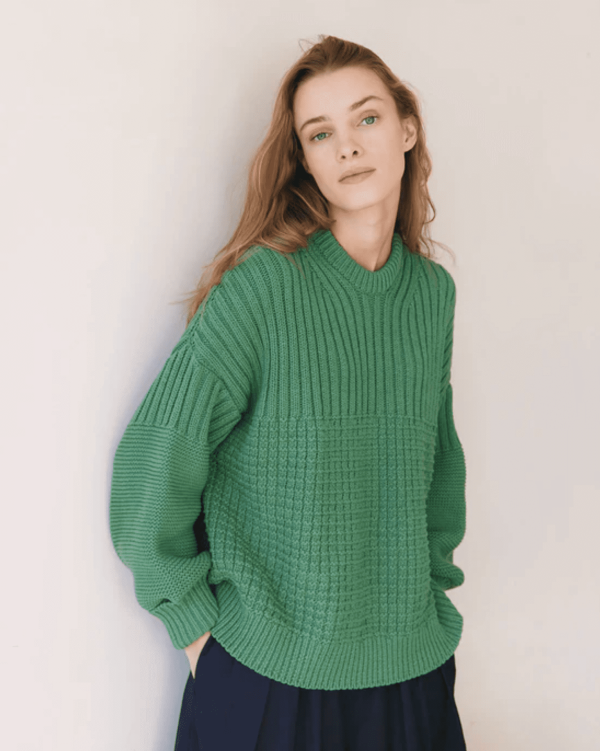 the Delcia Sweater in Fern Green by the brand The Knotty Ones