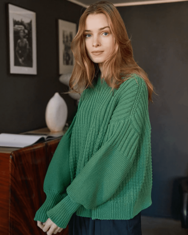 the Delcia Sweater in Fern Green by the brand The Knotty Ones