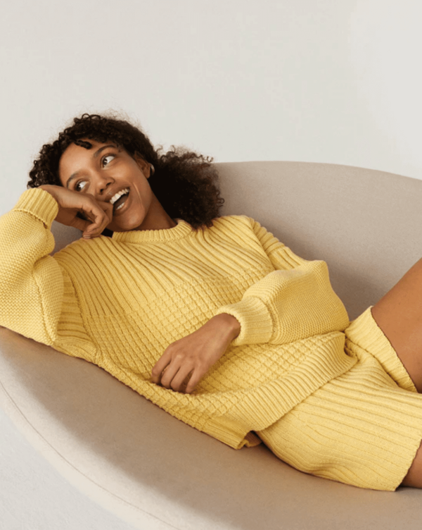 the Delcia Sweater & Pilnatis shorts in Lemon by the brand The Knotty Ones