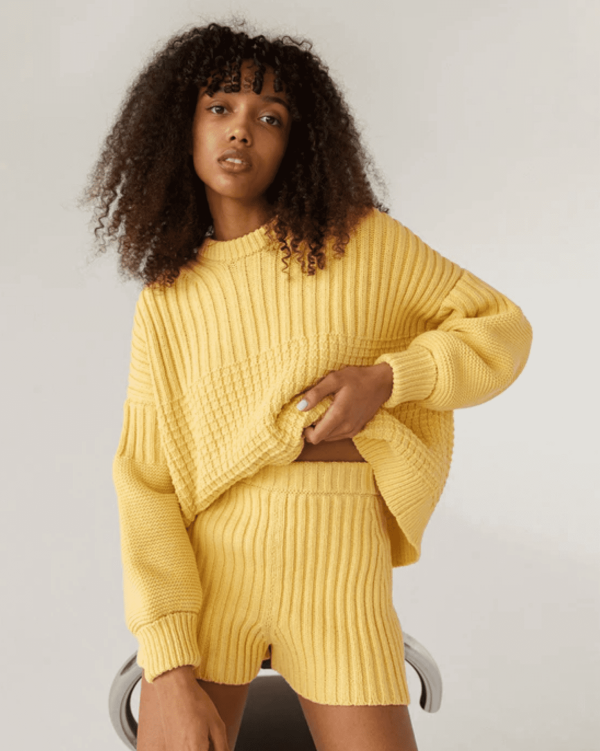 the Delcia Sweater & Pilnatis shorts in Lemon by the brand The Knotty Ones