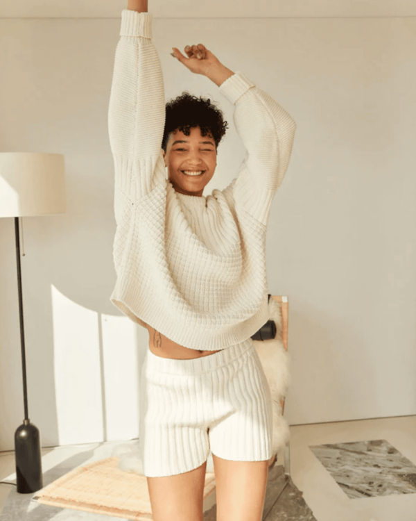 the Delcia Sweater & Pilnatis shorts in Off-White by the brand The Knotty Ones