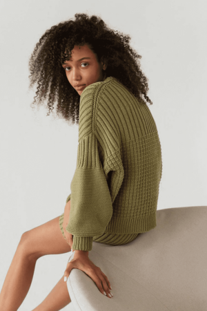 the Delcia Sweater & Pilnatis Shorts in Olive by the brand The Knotty Ones