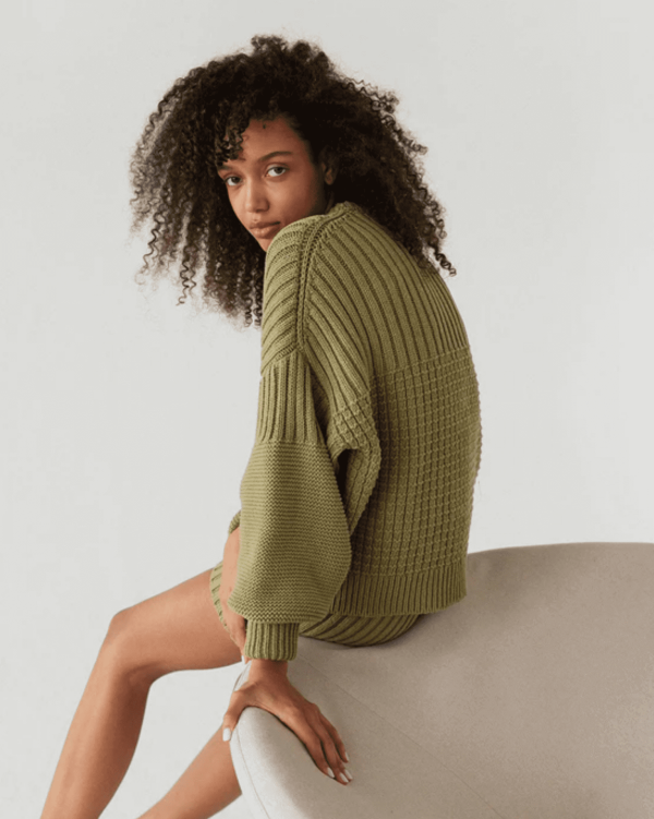 the Delcia Sweater & Pilnatis Shorts in Olive by the brand The Knotty Ones