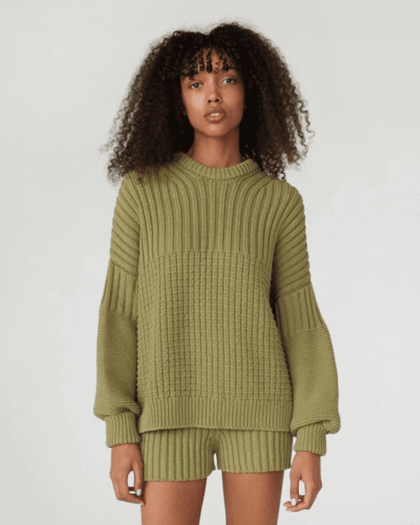 the Delcia Sweater & Pilnatis Shorts in Olive by the brand The Knotty Ones