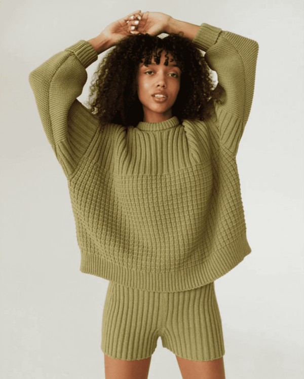 the Delcia Sweater & Pilnatis Shorts in Olive by the brand The Knotty Ones