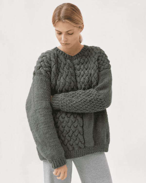 the Heartbreaker Sweater in Moss Green by the brand The Knotty Ones