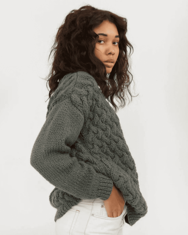 the Heartbreaker Sweater in Moss Green by the brand The Knotty Ones