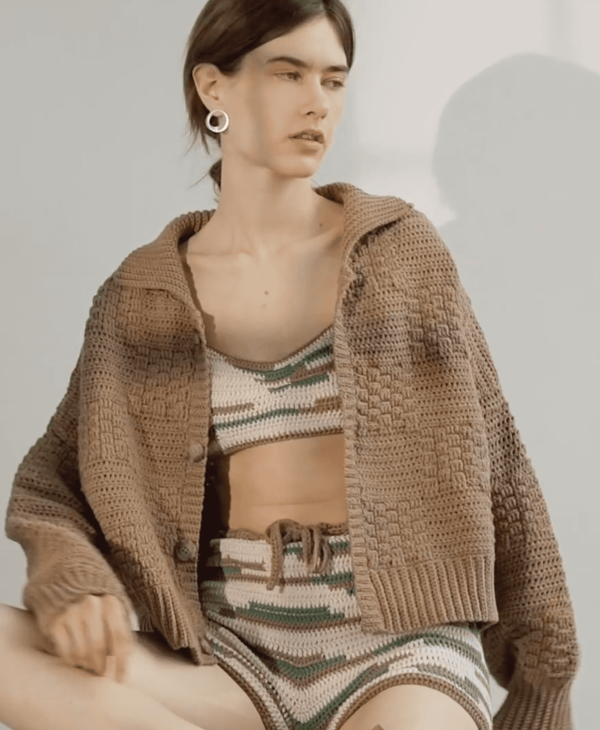 the Prietema Cardigan in Earth paired with the Zemelapis Shorts & Bralette by The Knotty Ones