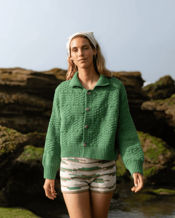 the Prietema Cardigan in Fern Green paired with the Zemelapis Shorts by The Knotty Ones