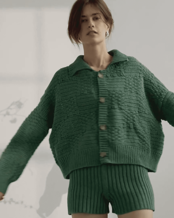 the Prietema Cardigan in Fern Green paired with the Pilnatis Shorts by The Knotty Ones