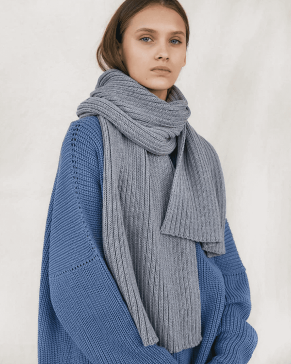 woman wearing the Rib Scarf in Grey by the brand The Knotty Ones