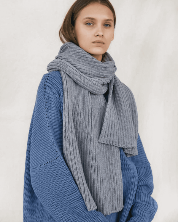 the knitted Rib Scarf in Grey by the brand The Knotty Ones