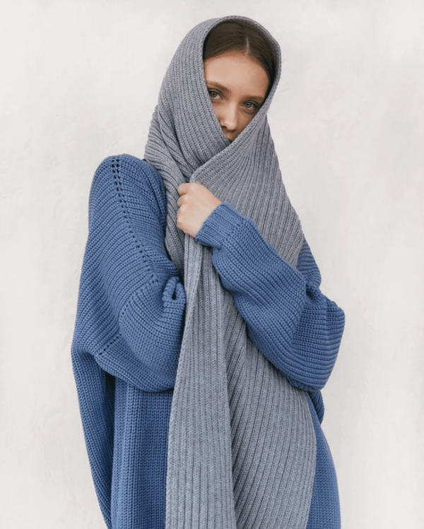 the knitted Rib Scarf in Grey by the brand The Knotty Ones