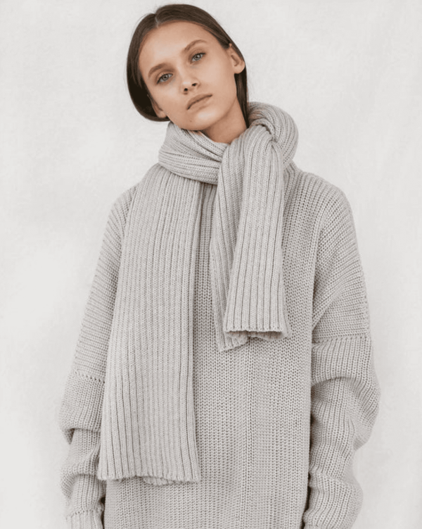 the knitted Rib Scarf in Pearl by the brand The Knotty Ones