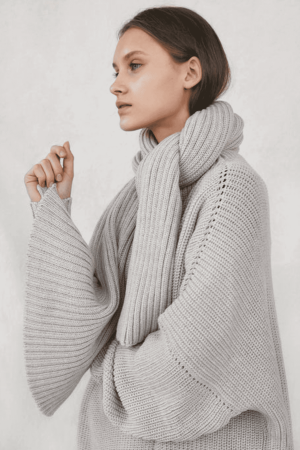 the knitted Rib Scarf in Pearl by the brand The Knotty Ones