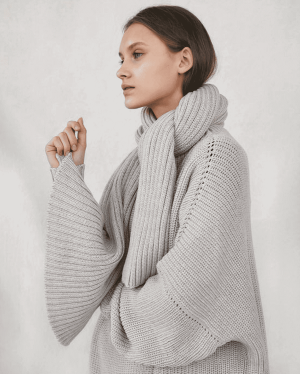 the knitted Rib Scarf in Pearl by the brand The Knotty Ones