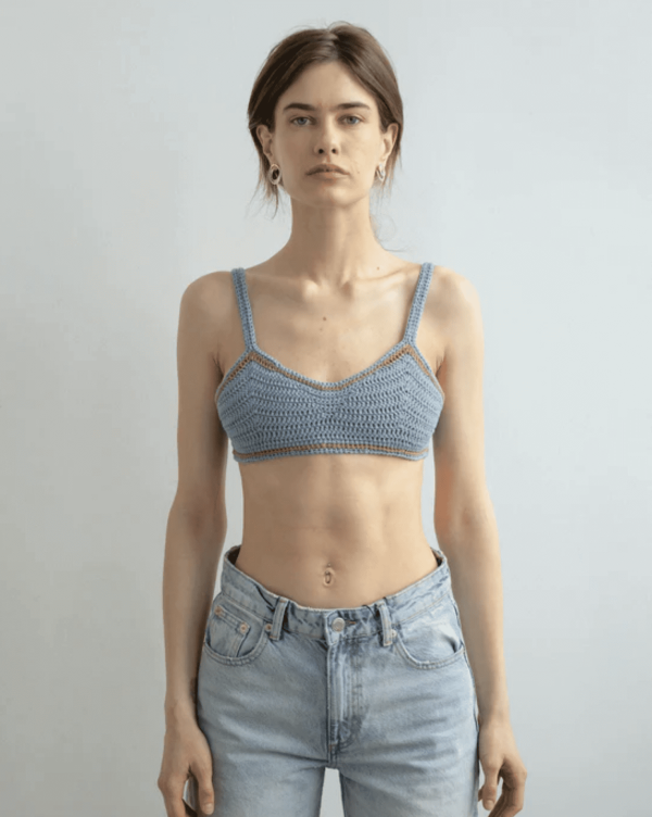 the knitted Zemelapis Bralette in Sea by the brand The Knotty Ones