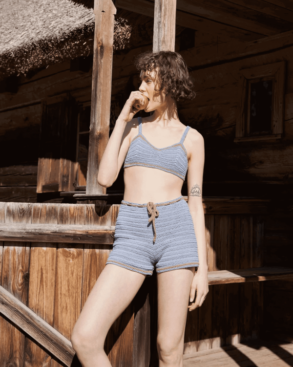 the knit Zemelapis Shorts in Sea paired with the Zemelapis Bralette by the brand The Knotty Ones