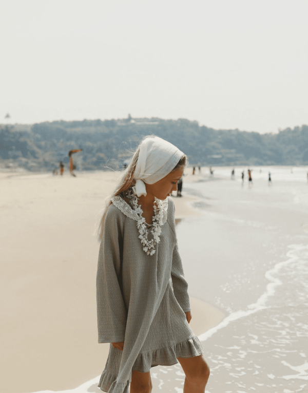 the aafia dress in dried herb paired with the Loretta scarf by the brand Yoli and Otis