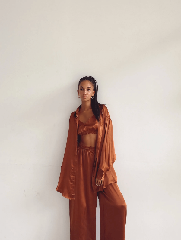 the silk Jai Button Up, Jai Top & Jai Pants in Coco by the brand Bahhgoose