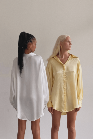 the silk Jai Button Up in White & Yellow by the brand Bahhgoose