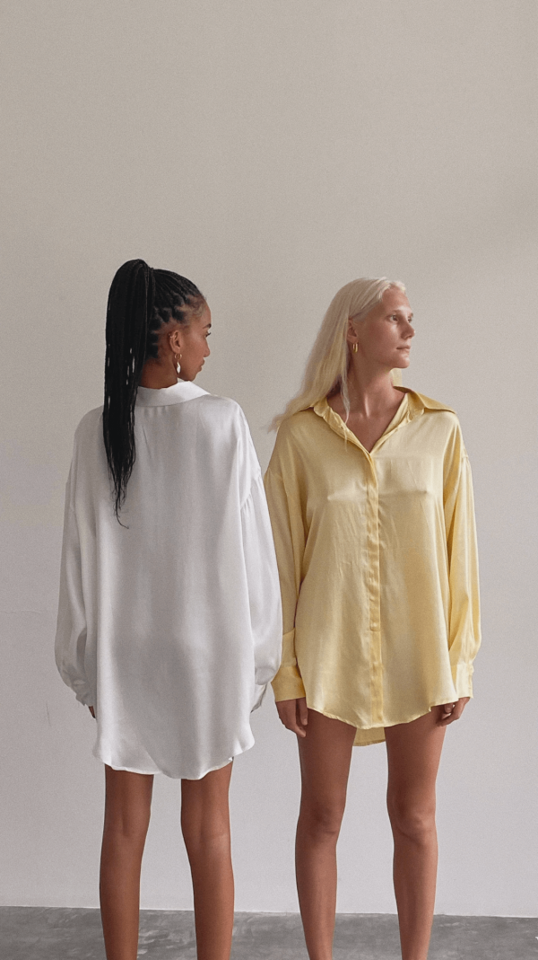 the silk Jai Button Up in White & Yellow by the brand Bahhgoose