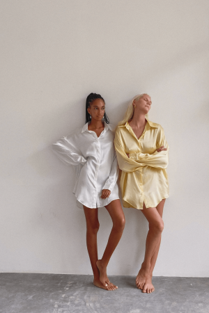 the silk Jai Button Up in White & Yellow by the brand Bahhgoose