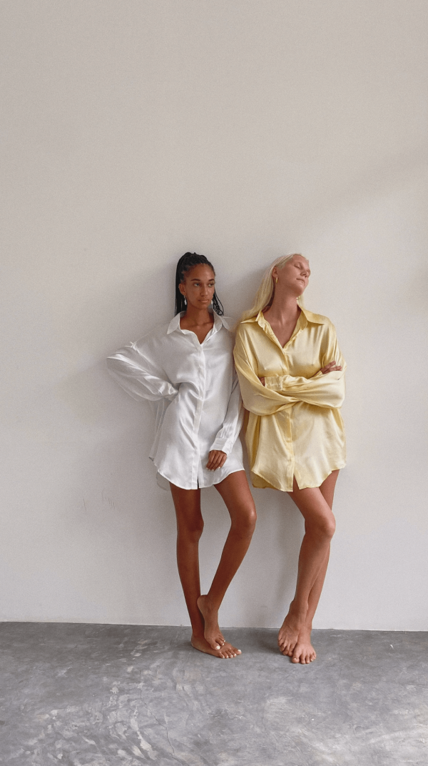 the silk Jai Button Up in White & Yellow by the brand Bahhgoose