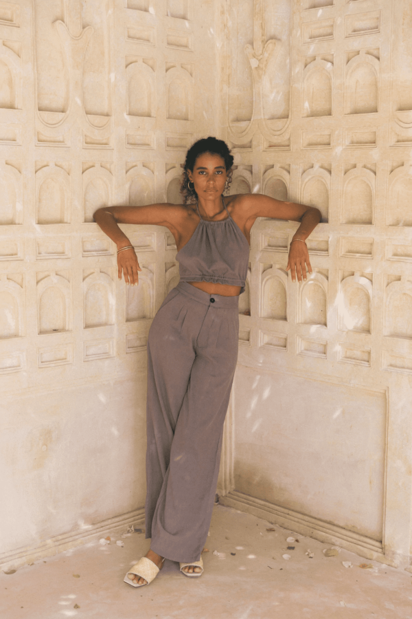 woman wearing the Ker Trousers with the matching Top in Taupe by the brand Bahhgoose, showing the relaxed fit of this beautiful co-ord set