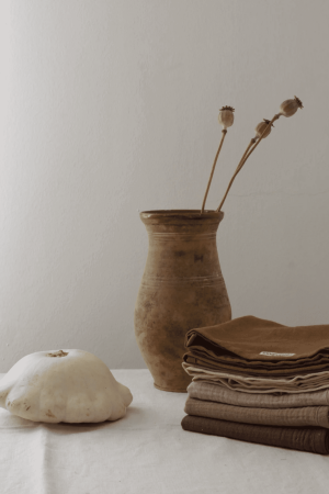 table setting with the linen dishtowel in Rust by the brand Cats and Boys