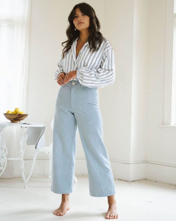 woman wearing the organic cotton Pierrot Pants in Light Denim by the brand Harly Jae
