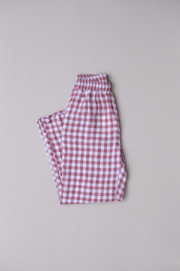the Mia Pants in Cherry Gingham by the brand The Bare Road