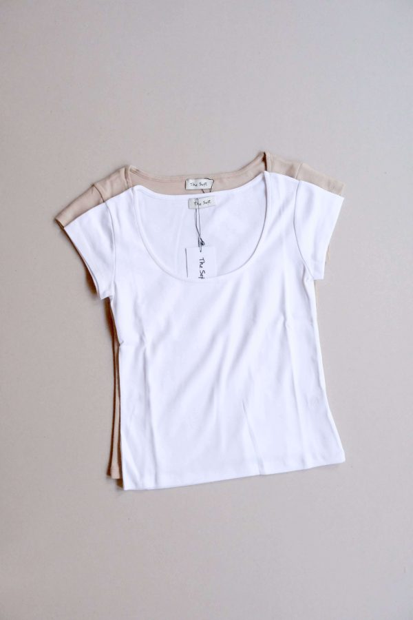 flatlay of the Emma Tee in White and Almond by the brand The Sept