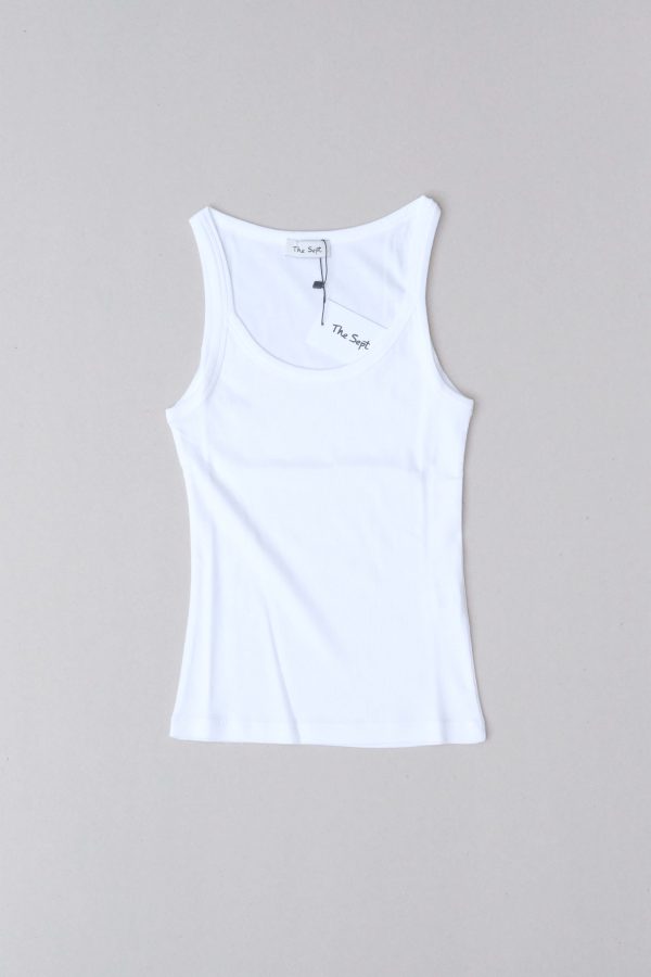 the Rachel 90s Tank in white by the brand The Sept