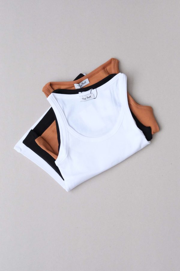 the Rachel 90s Tank in white, caramel & black by the brand The Sept