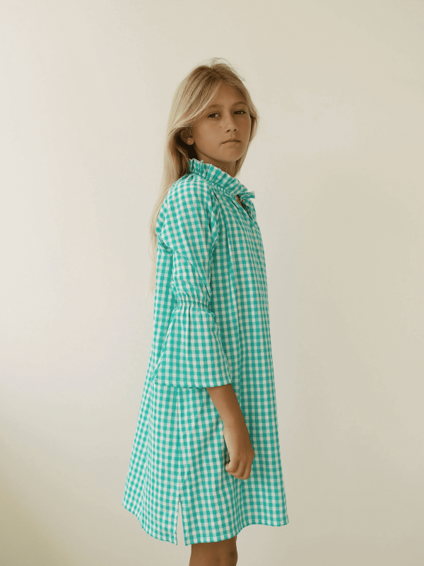 the Dalia Dress in Apple Plaid by the brand Yoli & Otis