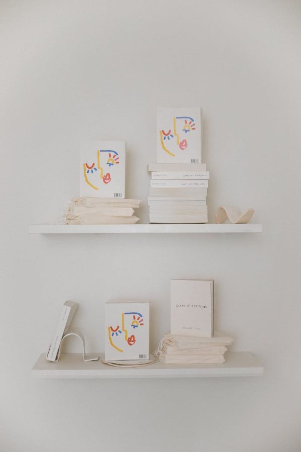 curated wall shelves full of the Diary of a Freelancer books by Amanda Jones