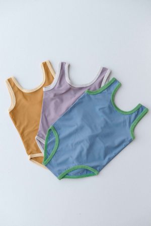 the Classic One Piece in Blue and Green / Mauve and Mushroom / Mustard and Latte by the brand Summer and Storm