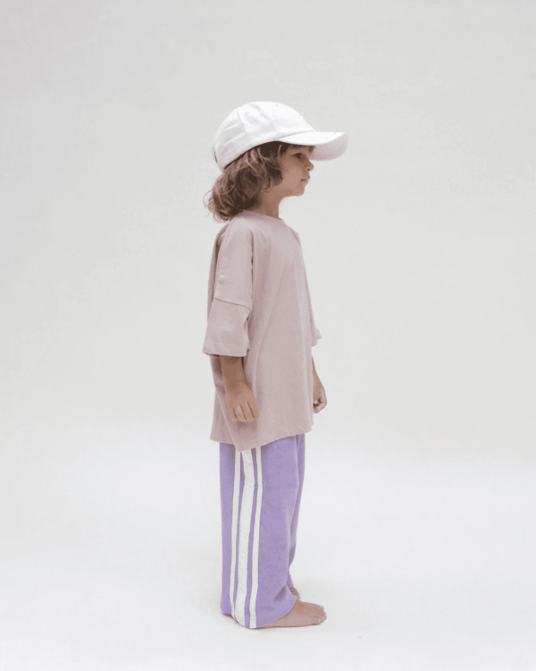 the Racer Terry Wide Leg Pants in Purple & the Oversized Tee in Mushroom by the brand Summer and Storm