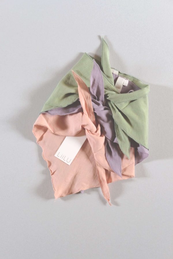 the organic cotton bandana in dryed green, lavender & peach by the brand LiiLU