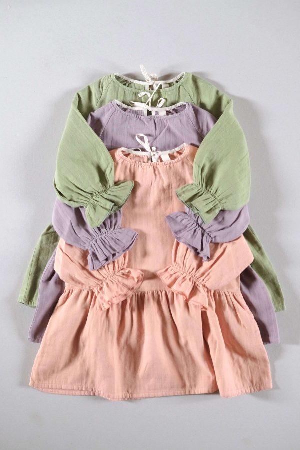 the organic cotton Lilou Dress in Dryed Green, Lavender & Peach by the brand LiiLU