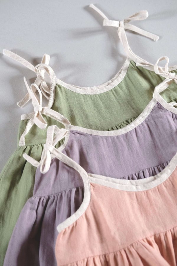 the organic cotton Louisa Dress in dryed green, lavender & peach by the brand LiiLU