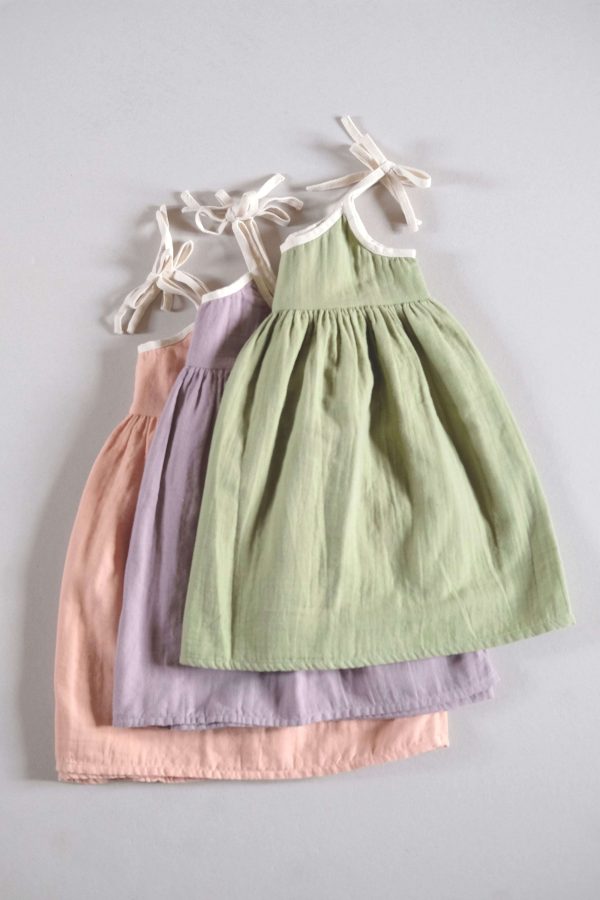 the organic cotton Louisa Dress in dryed green, lavender & peach by the brand LiiLU