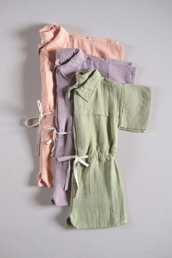 the organic cotton Silvan Jumpsuit in Dryed Green, Lavender & Peach by the brand LiiLU