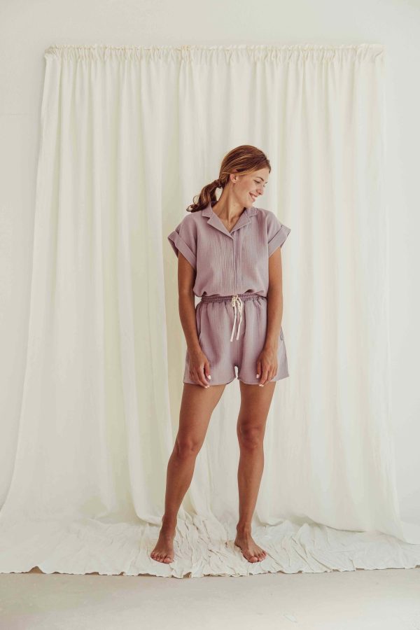 the organic cotton Mateo Shirt in Lavender paired with the matching Tutor Shorts by the brand LiiLU